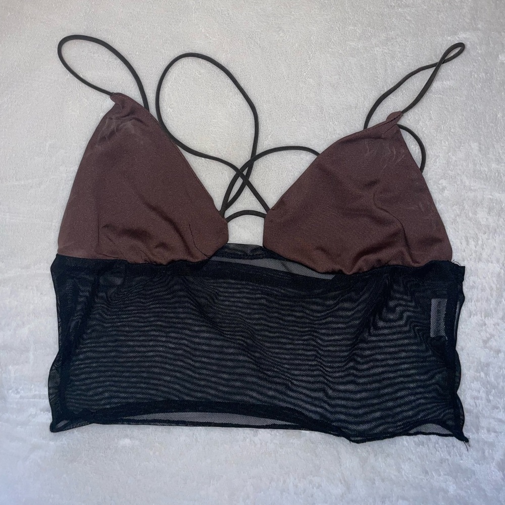 Crop top, sheer black bottom with brown top
